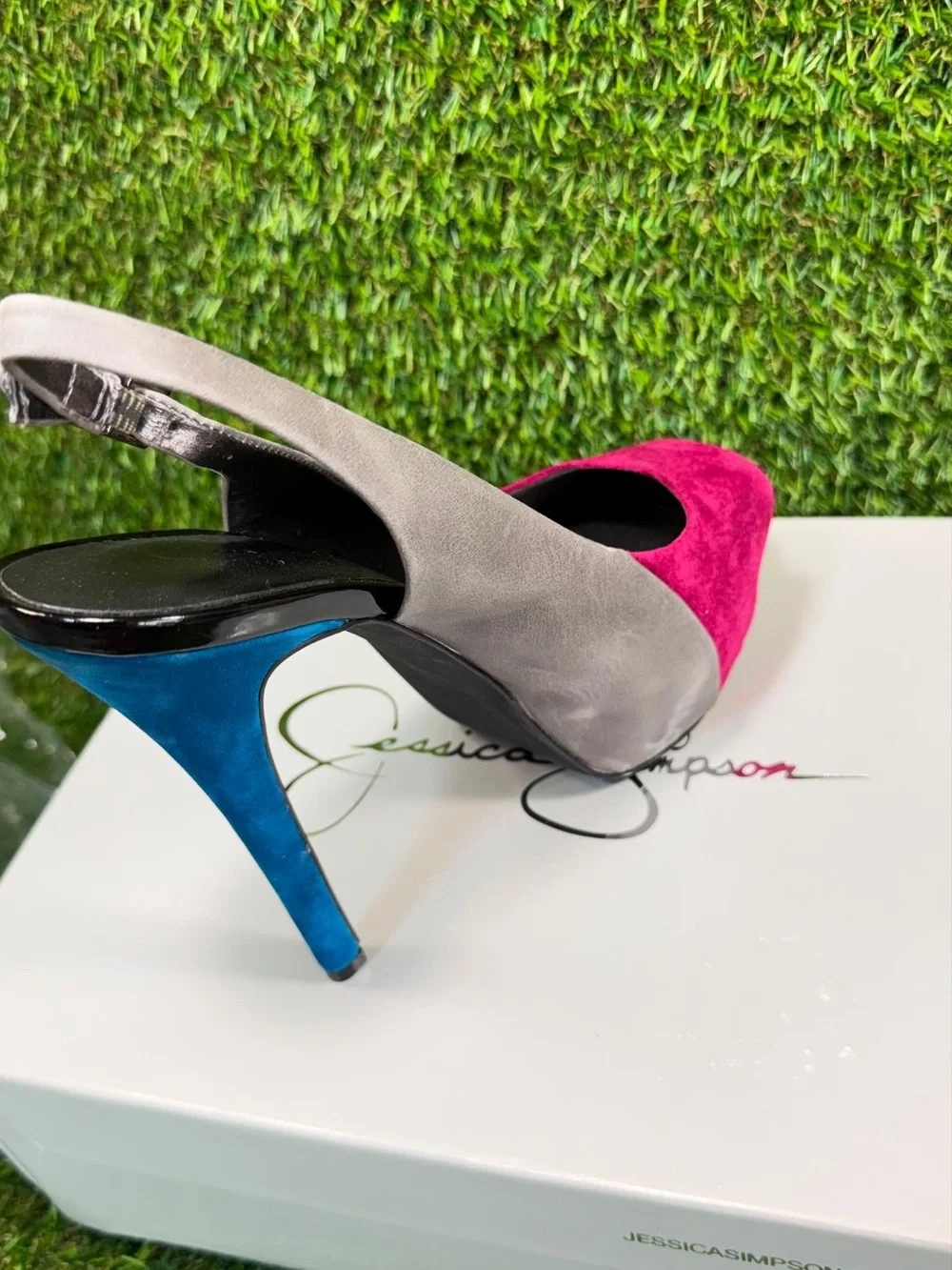 Jessica Simpson Sandi Colorblock Suede Slingback Pumps Pink Grey Blue 6B NIB